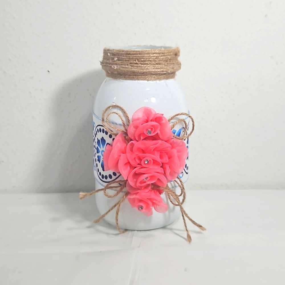 handmade white mason jar with floral blue ribbon and pink flower cross - Picture 1 of 6